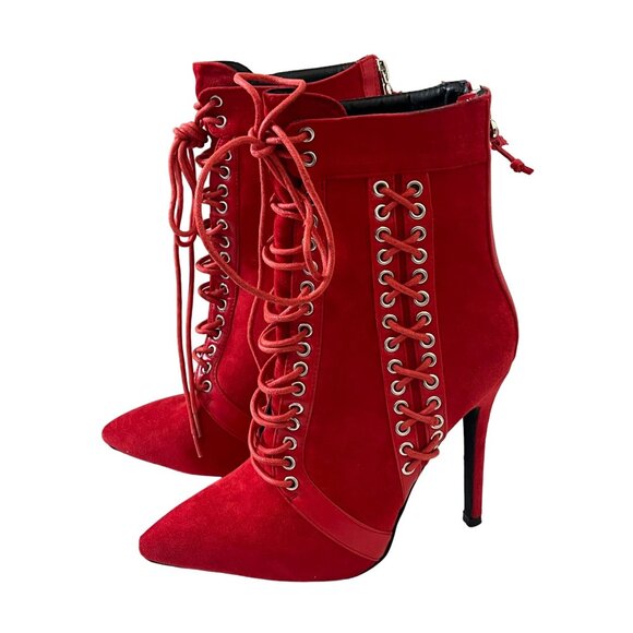 PrettyLittleThing Red Suede Lace Up High Heel Ankle Boots Size 7 - Picture 6 of 12